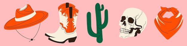 Conjunto de elementos del Salvaje Oeste Ilustración vectorial de un sombrero de vaquero Botas de vaquera Cactus cráneo humano