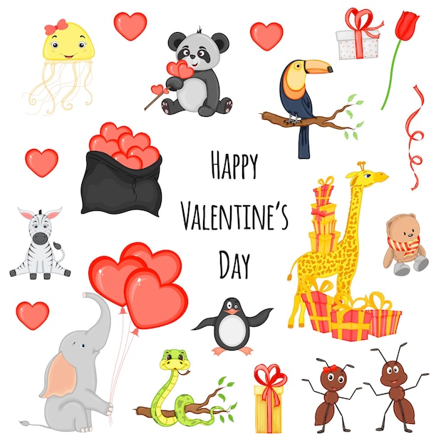 Conjunto de elementos de San Valentín para el diseño de postales o pegatinas. Estilo de dibujos animados. Ilustración vectorial.