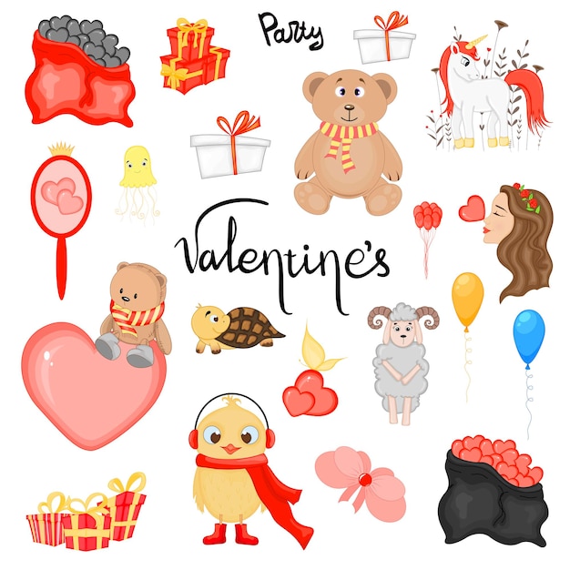 Conjunto de elementos de San Valentín para el diseño de postales o pegatinas. Estilo de dibujos animados. Ilustración vectorial.