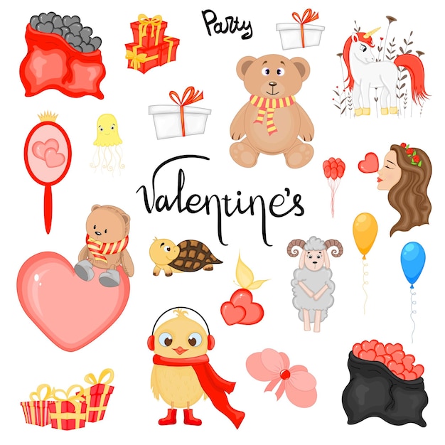 Conjunto de elementos de san valentín para el diseño de postales o pegatinas. estilo de dibujos animados. ilustración vectorial.