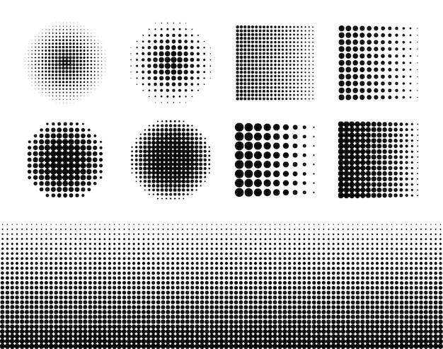 Conjunto de elementos de semitonos circulares y verticales. efectos de medios tonos. puntos de semitono degradados.