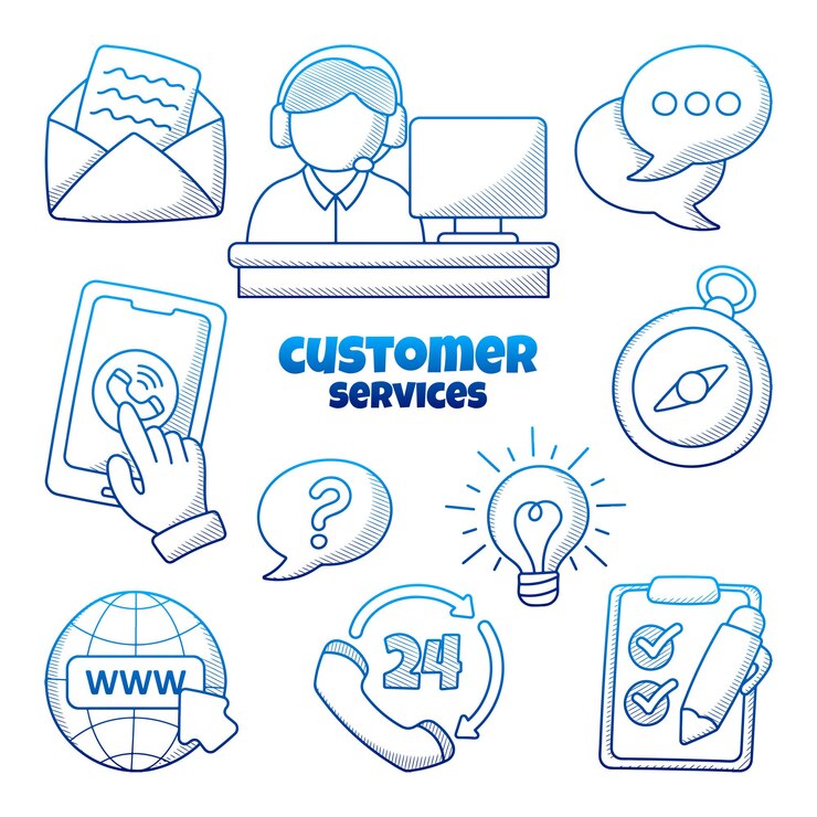 Vector conjunto de elementos de servicio al cliente con estilo de garabato de contorno dibujado a mano