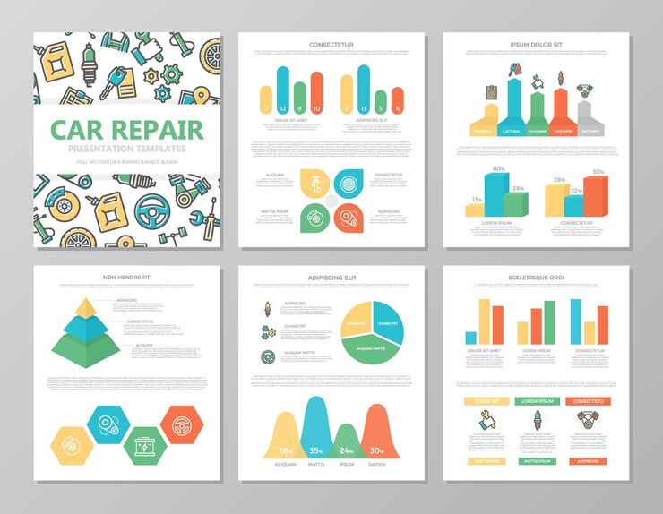 Vector conjunto de elementos de servicio de automóviles y reparación de automóviles de colores para diapositivas de plantillas de presentación a4 multiusos