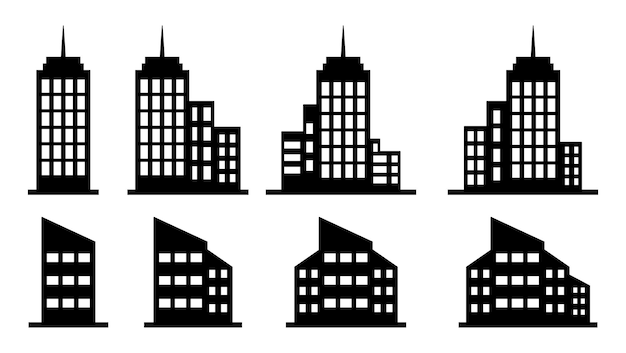 Conjunto de elementos de silueta de edificios de la ciudad Conjunto aislado de íconos planos de edificios Casa y edificio aislados se