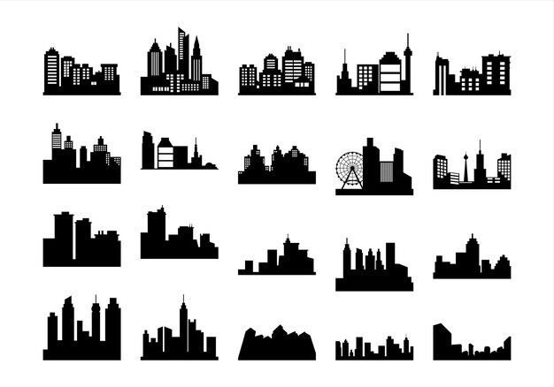 Conjunto de elementos de silueta de edificios de la ciudad