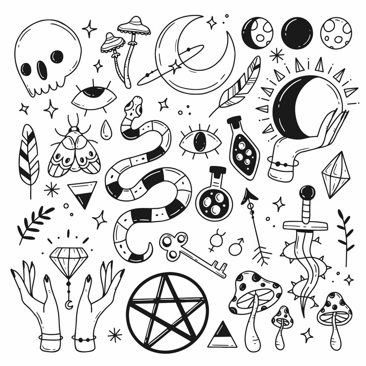 Vector un conjunto de elementos sobre el tema de la astrología del esoterismo mágico en el estilo de doodle
