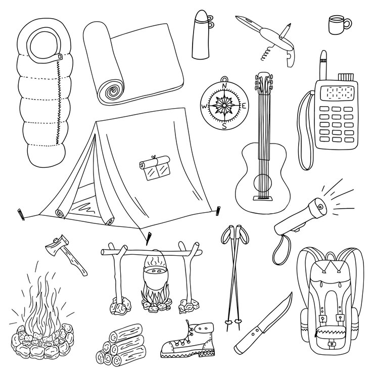 Vector conjunto de elementos sobre el tema del camping y el turismo estilo doodle blanco y negro dibujado a mano