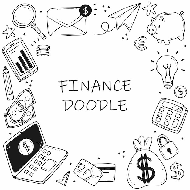 conjunto de elementos sobre el tema de los negocios y las finanzas en un marco de estilo de dibujos animados de doodle simple