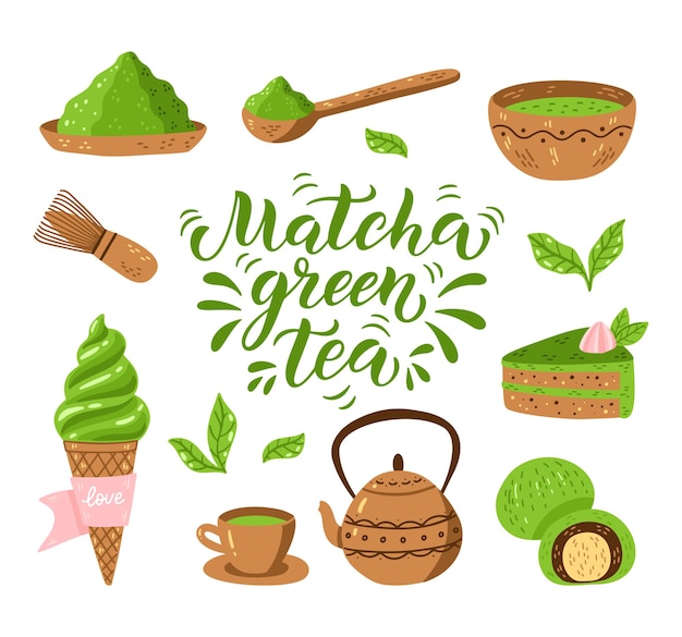 Vector conjunto de elementos de té matcha