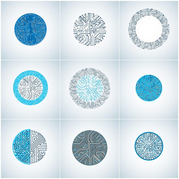 Conjunto de elementos de tecnología abstracta vectorial con placas de circuito azules redondas. Esquemas digitales circulares de alta tecnología de dispositivos electrónicos, flechas multidireccionales.