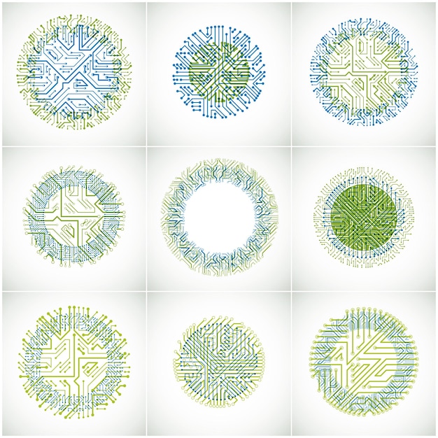 Conjunto de elementos de tecnología abstracta vectorial con placas de circuito redondas y coloridas. Esquemas digitales circulares de alta tecnología de dispositivos electrónicos, flechas multidireccionales.