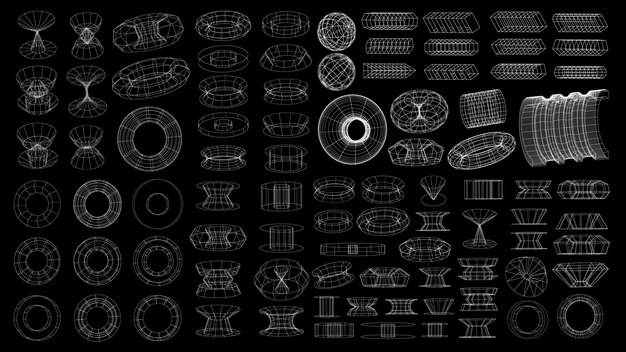 Conjunto de elementos de tecnología geométrica abstracta en estilo cyberpunk Colección retro vintage Diseño digital virtual 3d Textura 80s vr Patrón de metaverso futurista Fondo de plantilla aislada vectorial