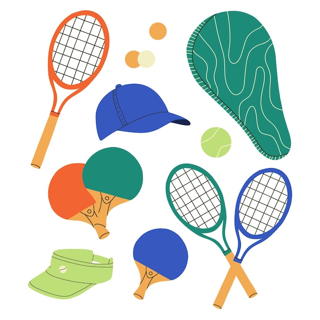 Conjunto de elementos para el tenis Ilustración vectorial Estilo plano Colección de tenis