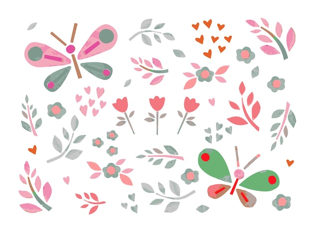 Conjunto de elementos de textura aislados mariposas flores follaje corazones Vector conjunto de elementos de diseño