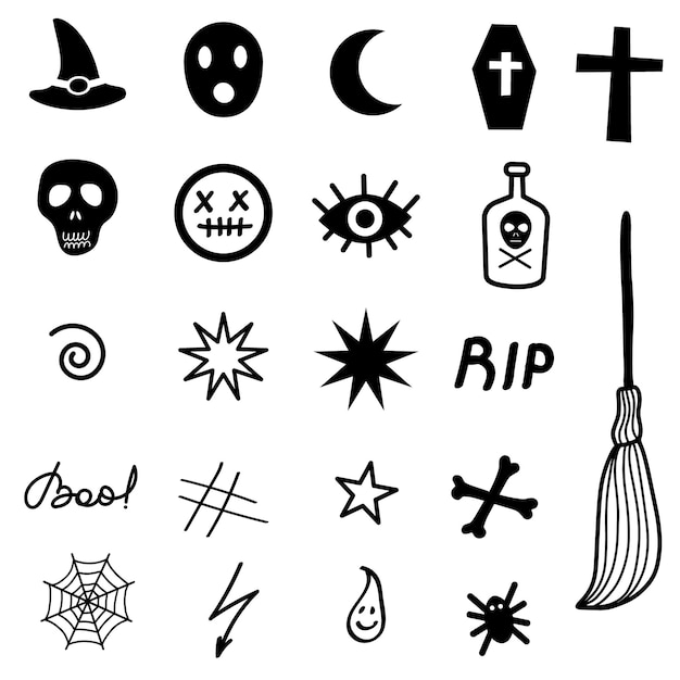 Un conjunto de elementos tradicionales de Halloween. Ilustración vectorial