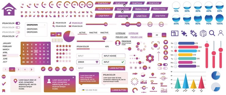 Vector conjunto de elementos uiux para sitios web y aplicaciones móviles botones formularios paneles de menús