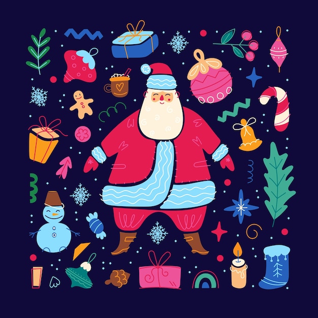 Conjunto de elementos de vacaciones de feliz Navidad Colección de feliz año nuevo Santa Claus linda ilustración