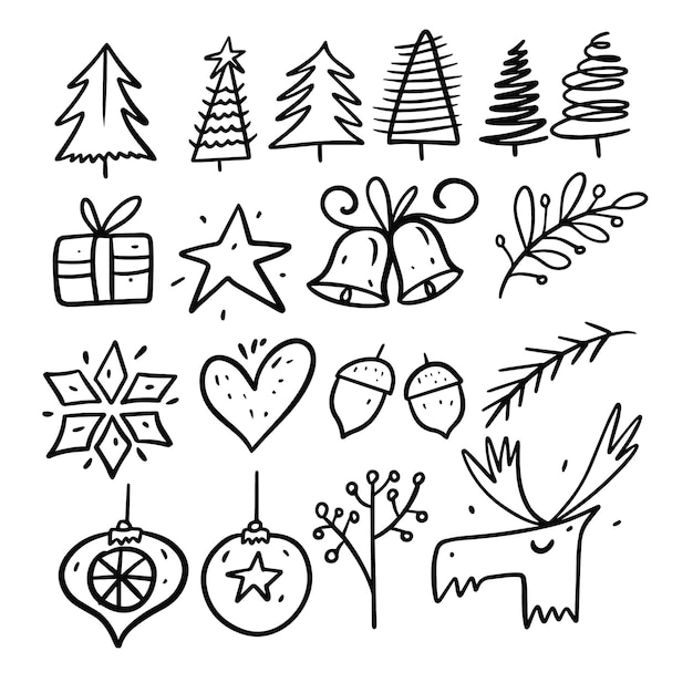 Conjunto de elementos de vacaciones de invierno. estilo doodle. dibujar a mano de dibujos animados para colorear. aislado sobre fondo blanco.