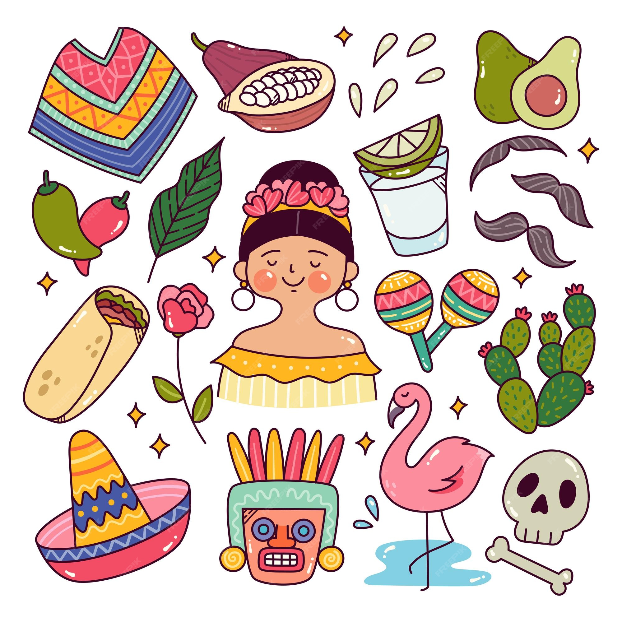 Conjunto de elementos de vector de doodle de cultura tradicional mexicana  de dibujos animados | Vector Premium