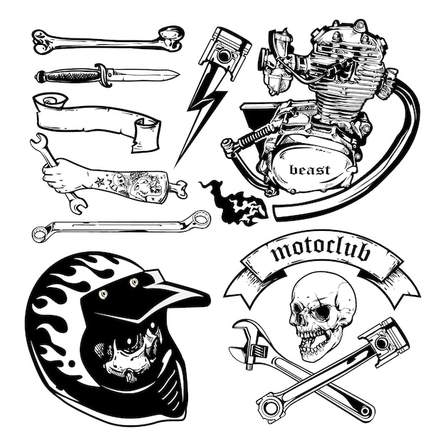 Conjunto de elementos de Vector de motocicleta. Estilo monocromático