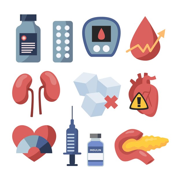 Conjunto de elementos de vector plano de diabetes. Colección de iconos de equipos de diabetes. concepto de prevención de la salud