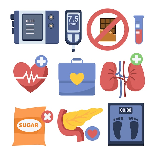 Vector conjunto de elementos de vector plano de diabetes. colección de iconos de equipos de diabetes. concepto de prevención de la salud