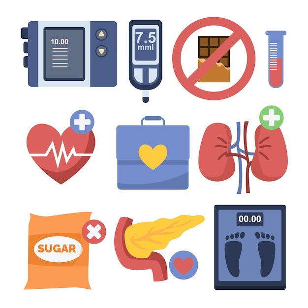 Conjunto de elementos de vector plano de diabetes. Colección de iconos de equipos de diabetes. concepto de prevención de la salud