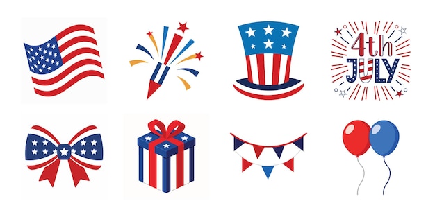 El conjunto de elementos vectoriales del 4 de julio Colección de ilustración vectorial del Día de la Independencia de Estados Unidos en whit
