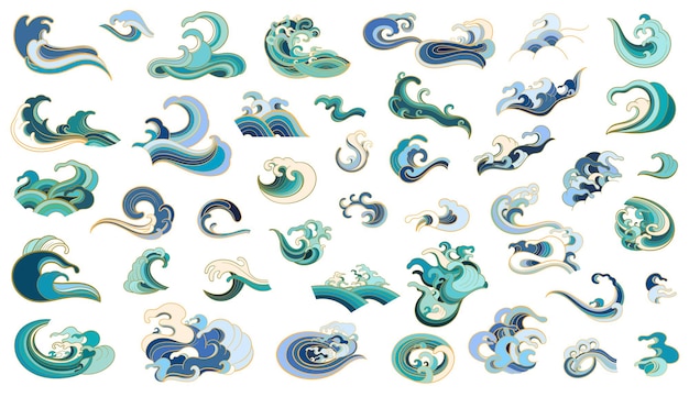 Vector conjunto de elementos vectoriales de colores con olas del mar para crear su diseño. estilo oriental, dibujo a mano.