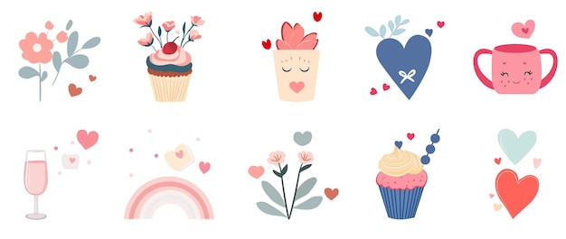 Conjunto de elementos vectoriales del día de San Valentín con iconos bonitos y diseño x9