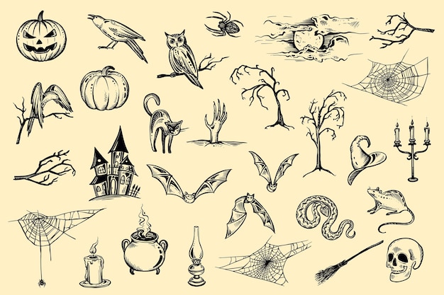 Conjunto de elementos vectoriales dibujados a mano de Halloween en estilo boceto Colección de objetos en blanco y negro