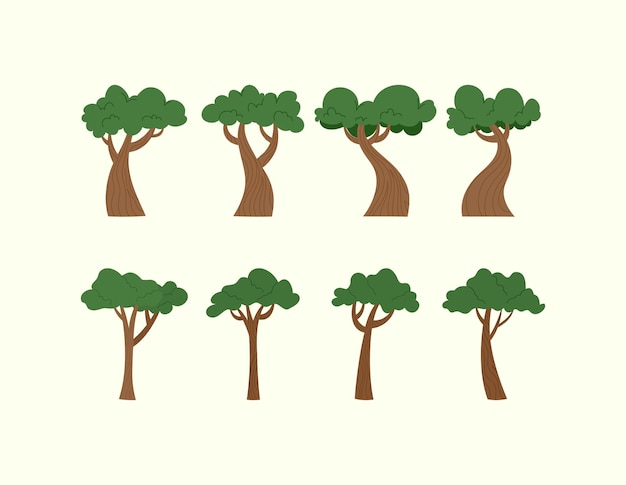 Conjunto de elementos vectoriales de diseño plano dibujados a mano de la colección de árboles