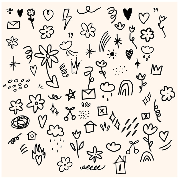 Conjunto de elementos vectoriales de doodle con estilo de ilustración doodle y arte de líneas