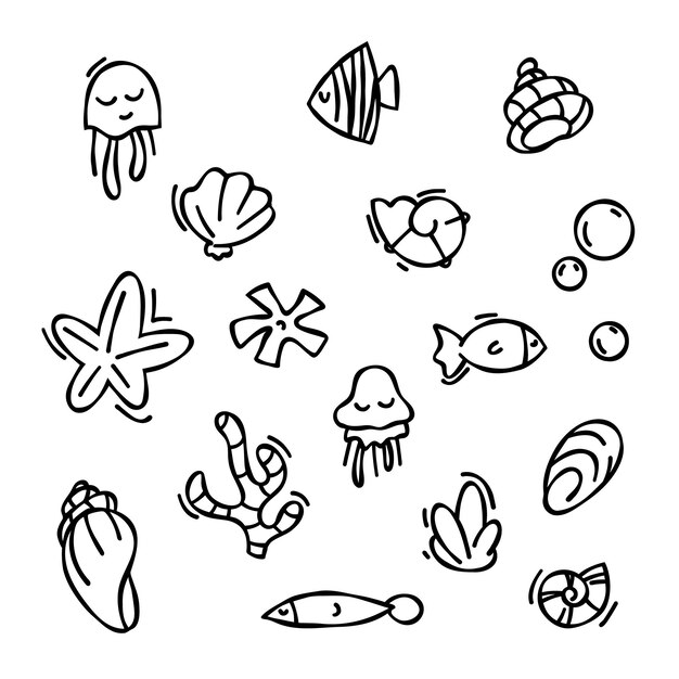 Conjunto de elementos vectoriales en estilo doodle dibujado conchas marinas estrella de mar boceto de contorno negro