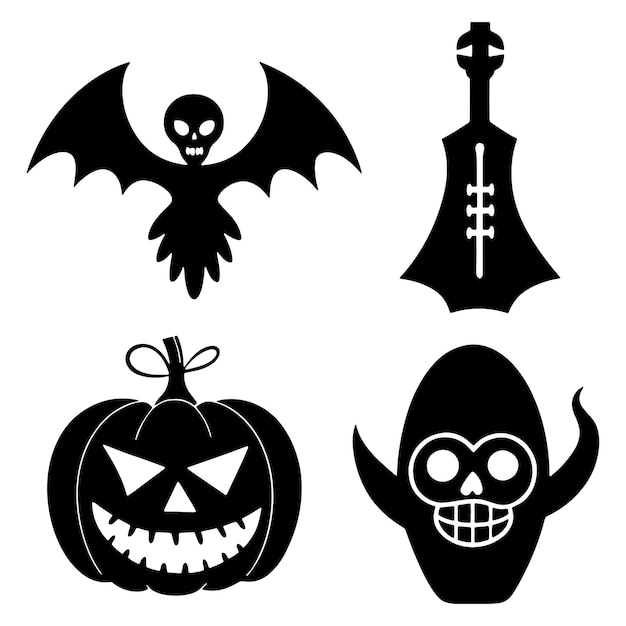 conjunto de elementos vectoriales de Halloween iconos de silueta y contornos transparentes de personajes de Halloween