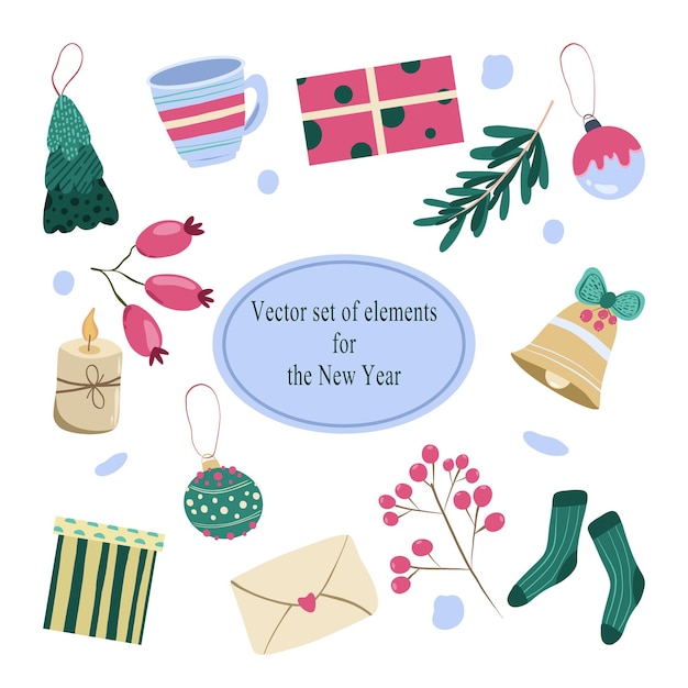 Conjunto de elementos vectoriales para navidad y año nuevo en colores rosa, verde y azul sobre un fondo blanco.