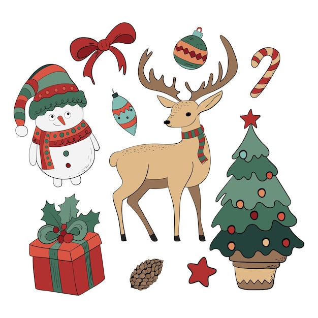 Conjunto de elementos vectoriales de Navidad Año Nuevo Ilustración aislada de Navidad Dibujo a mano