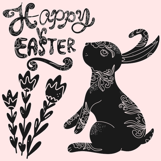 Conjunto de elementos vectoriales de Pascua con patrones decorativos Siluetas de símbolos de Pascua Tarjeta postal de arte popular de estilo blanco y negro Feliz Pascua