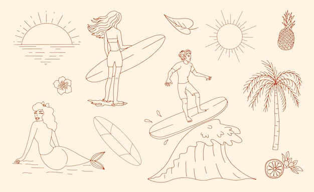 Conjunto de elementos vectoriales de playa y vacaciones de estilo retro