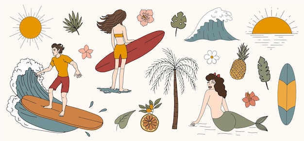 Conjunto de elementos vectoriales de playa y vacaciones Surfing estado de ánimo de verano
