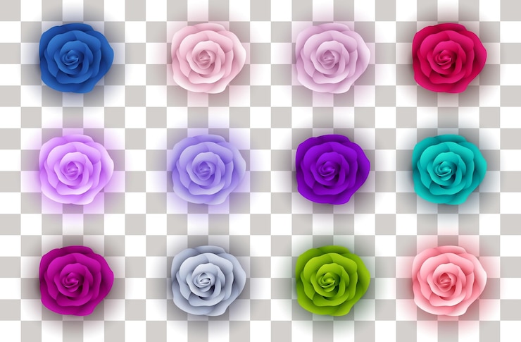 Vector conjunto de elementos vectoriales realistas de pétalos de rosa con varios colores con la capacidad de cambiar la apariencia de las flores, como en el constructor