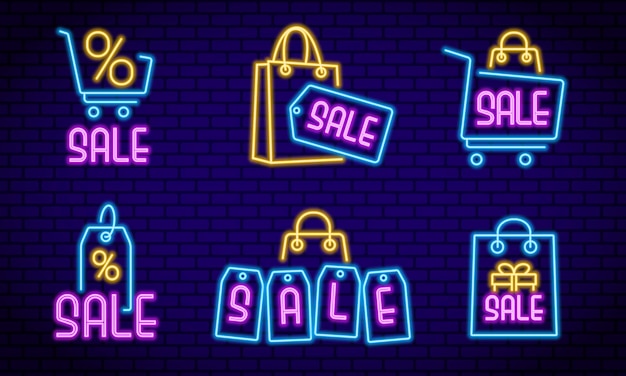 Conjunto de elementos de venta de neón Ilustración vectorial para diseños promocionales