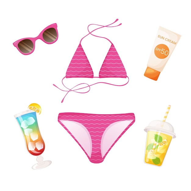 Conjunto de elementos de verano Trajes de baño gafas de sol protector solar bebidas de verano