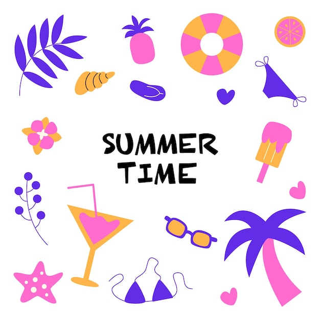 Un conjunto de elementos de verano para las vacaciones de verano Vacaciones y estado de ánimo de verano Helado cóctel playa