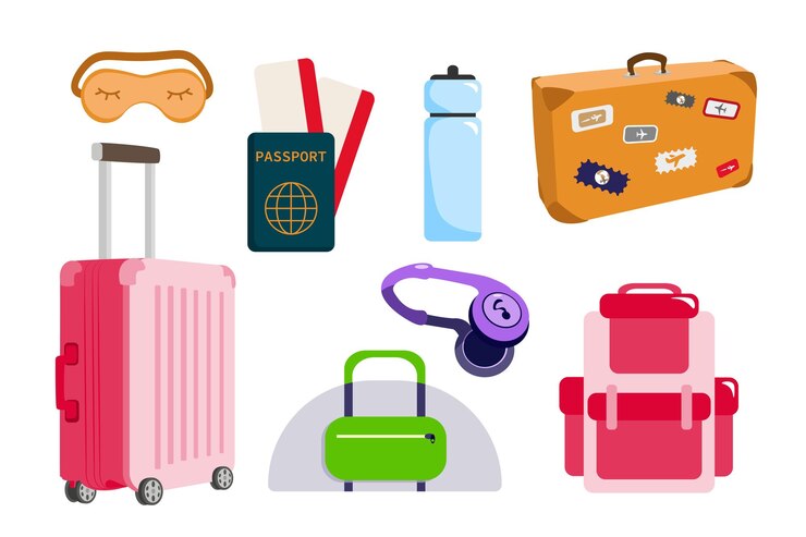 Vector conjunto de elementos de viaje al estilo de dibujos animados ilustración vectorial de diferentes maletas equipaje mochila auriculares para dormir máscara pasaporte con boletos botella de agua aislada sobre fondo blanco