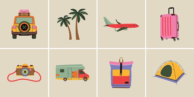 Conjunto de elementos de viaje en el estilo moderno de línea plana furgoneta avión equipaje palmera, etc. Vector dibujado a mano