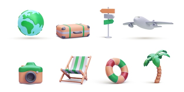Conjunto de elementos de viaje realistas aislados en fondo blanco Ilustración vectorial