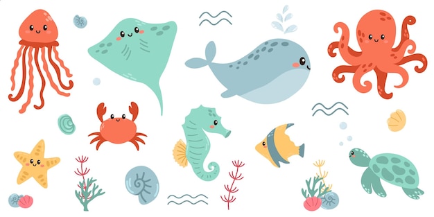 Conjunto con elementos de vida marina dibujados a mano Animales marinos Conjunto de dibujos animados vectoriales de objetos de vida marina