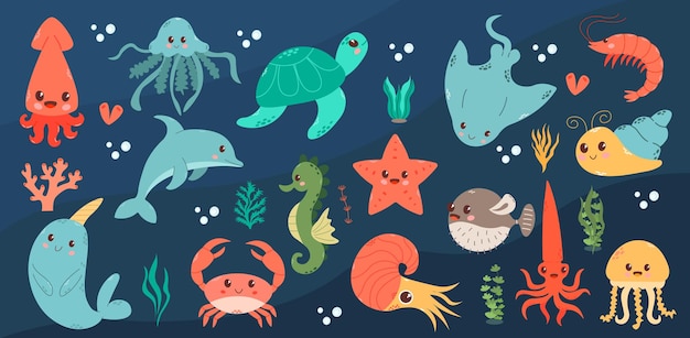 Conjunto con elementos de vida marina dibujados a mano Conjunto de dibujos animados de garabatos vectoriales de objetos de vida marina para usted