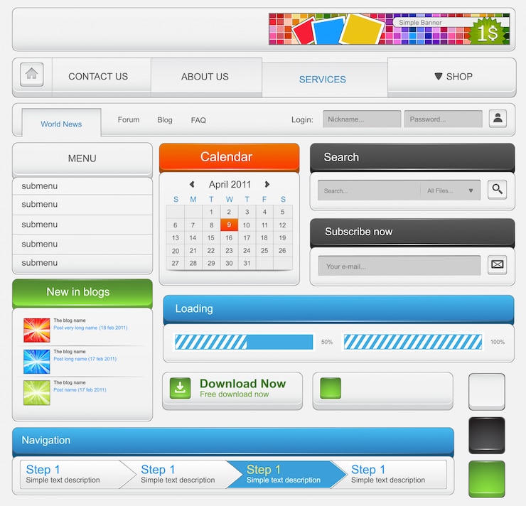 Vector conjunto de elementos web blanco